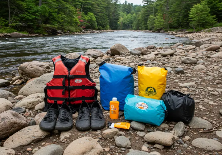 Essential rafting gear laid out on a riverbank, including life jackets, helmets, and water shoes, with the Pemigewasset River in the background.