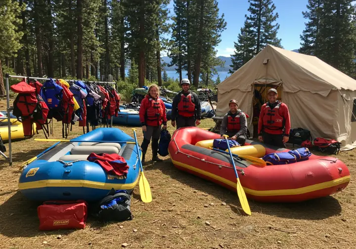 Rafting outfitter basecamp near Lake Tahoe, with rafts, gear, and staff ready for a trip.