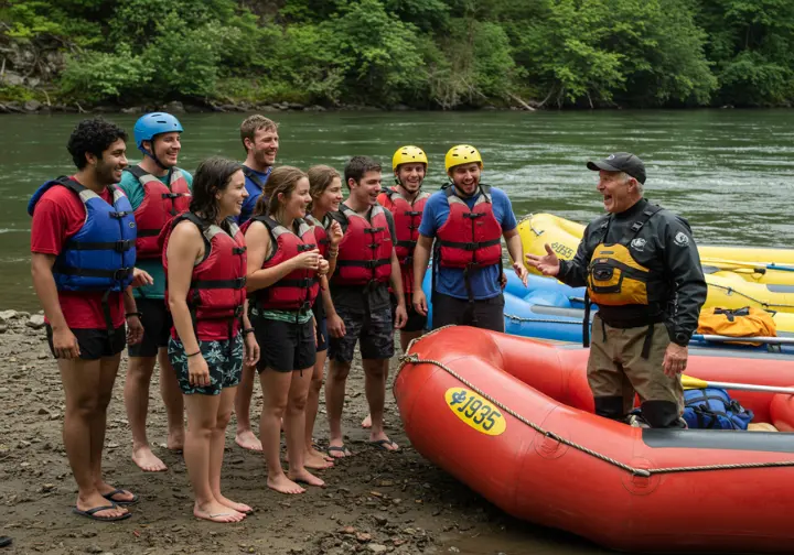 Group of rafters with a professional guide preparing for a trip.