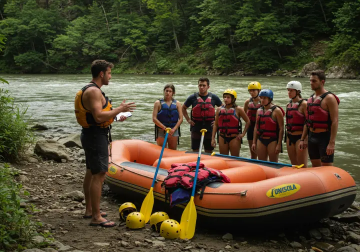 Guide giving a safety briefing to rafters on the Animas River