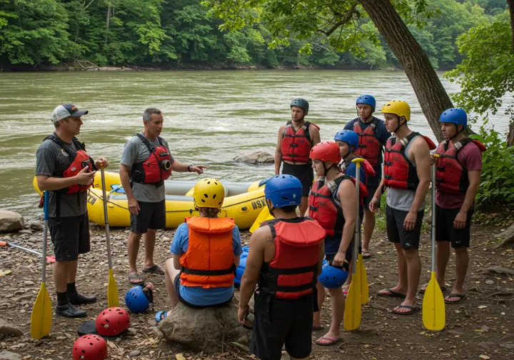 Guide giving a safety briefing to rafters on the Ocoee River