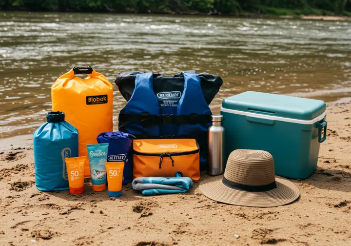 Essential river float accessories, including PFD, dry bag, cooler tube, and sunscreen, on a sandy riverbank.