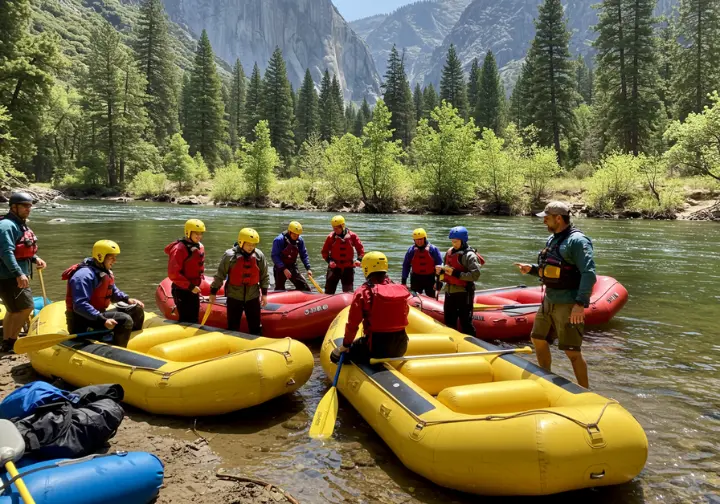 Rafters with a guide from Sierra Mac River Trips preparing for a trip on the Tuolumne River.