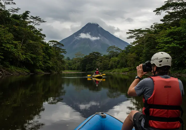 Rafter photographing Arenal Volcano from the Balsa River with rainforest in the background.