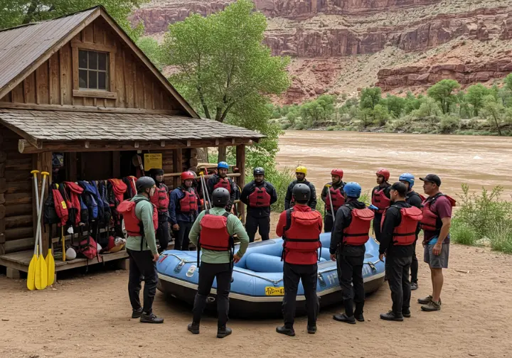 Rafters consulting with a guide at a professional Utah outfitter basecamp.