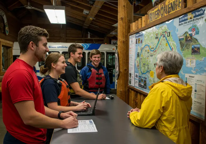 Family checking in at a rafting outfitter’s office