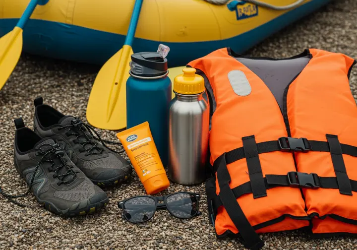 Flat-lay of essential rafting gear with a raft and paddles in the background.