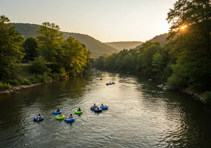 Group of adults floating on river tubes on the Shenandoah River, surrounded by forests and hills.