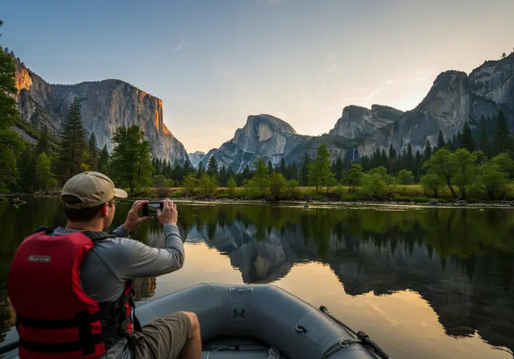 Rafter photographing Half Dome from the Merced River with Yosemite Valley in the background.