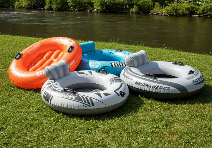 Flat-lay of top recommended river floats, including Intex River Run, Bestway CoolerZ, and NRS Big River Float Tube.