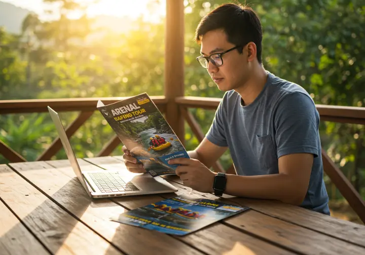 Traveler booking a rafting tour with Arenal Volcano and rafting scene in the background.