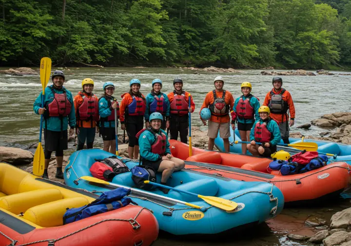 Whitewater Express outfitter preparing rafts and gear for a trip on the Chattahoochee River in Columbus, GA.