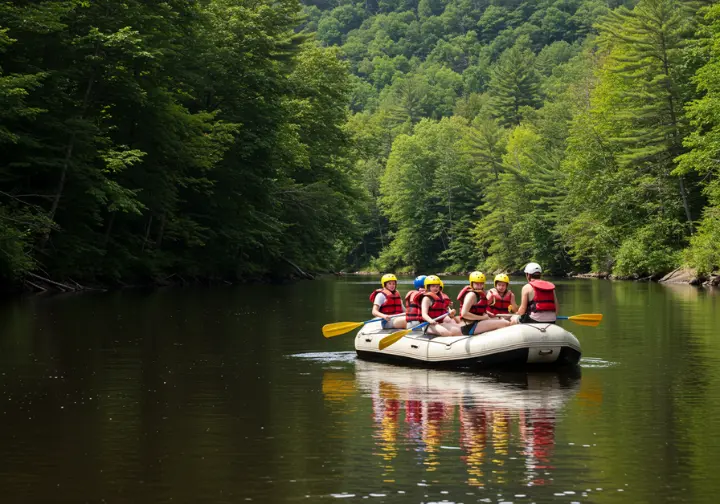 Family enjoying a guided rafting trip on the Saco River in New Hampshire, with forests and hills in the background.
