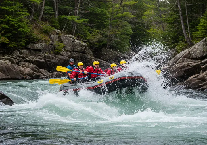 Experienced rafters navigating Class IV rapids on the Pemigewasset River in New Hampshire, with cliffs and forests in the background.