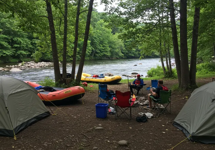 Campsite near the Androscoggin River with rafters relaxing around a campfire, rafts visible in the background.