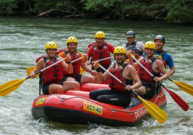 Group of rafters wearing appropriate gear, including PFDs, helmets, and suitable clothing, paddling down a river.