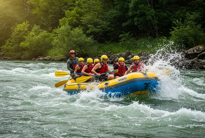 Whitewater rafting adventure on a river in Lake George, with a group of people paddling through rapids.