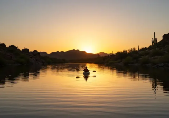 Kayaker paddling on the Salt River at sunrise, with desert cliffs in the background, highlighting kayaking rental opportunities.