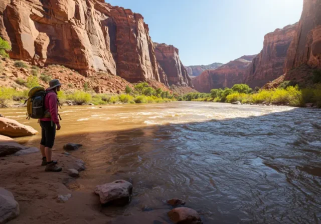 Person looking curiously at white water rapids in Grand Junction, Colorado, highlighting adventure tourism.