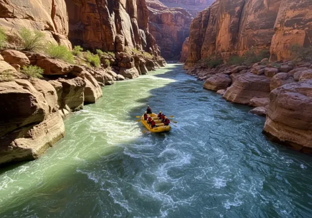 White water rafting in New Mexico, showing a group navigating rapids, highlighting service deals.