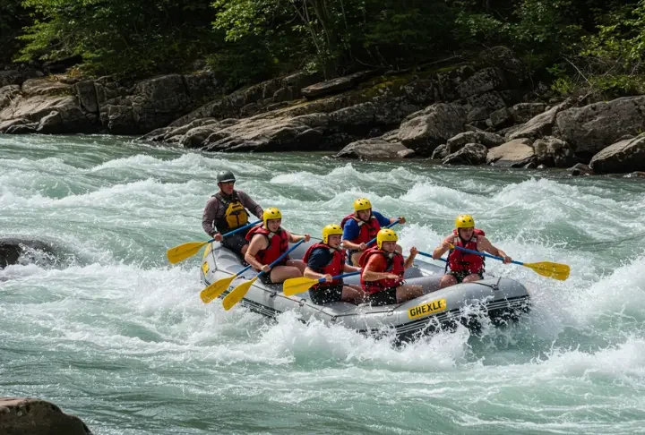 Realistic photograph of a whitewater raft navigating rapids on the Wenatchee River, showing rafters paddling in turbulent water with forested riverbanks in the background.