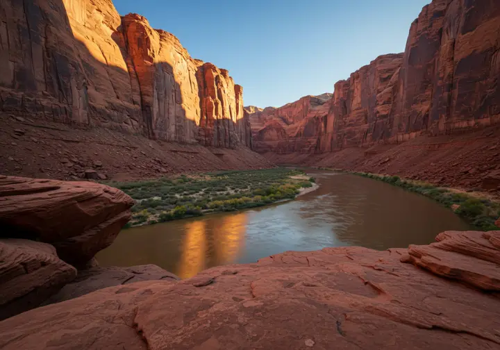 Scenic view of Grand Junction river rafting, highlighting the unique red rock canyon landscape.