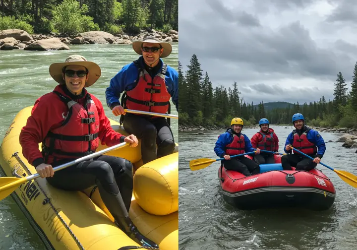 Comparison of summer and spring/fall rafting gear, showing appropriate attire for different weather conditions.
