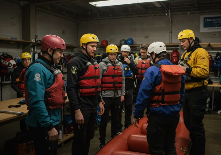 People getting equipped for a whitewater rafting trip at an outfitter in Lake George.