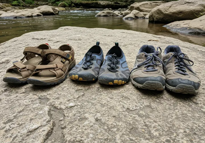 Comparison of footwear options for rafting, including strapped sandals, water shoes, and old athletic shoes.