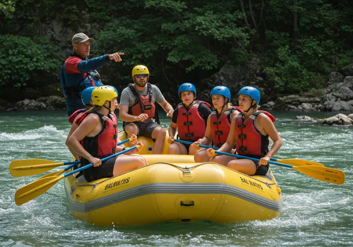 A rafting guide instructing rafters on safety procedures before a trip in Lake George.
