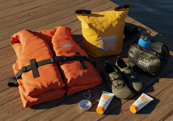 Essential gear for a rafting trip, including life vest, water shoes, and sunscreen, emphasizing preparation.