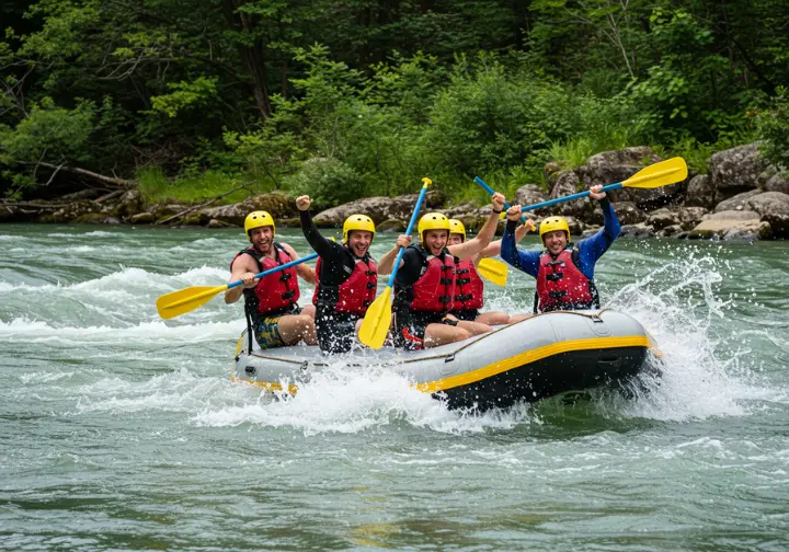 White water rafters celebrating a successful rapid run, representing top service deals for 2025.