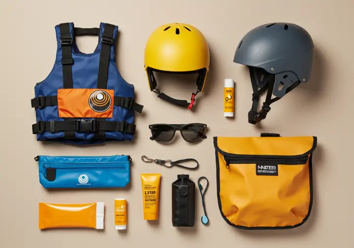 Flat lay of essential rafting accessories, including a PFD, helmet, sunglasses, sunscreen, and waterproof bag.