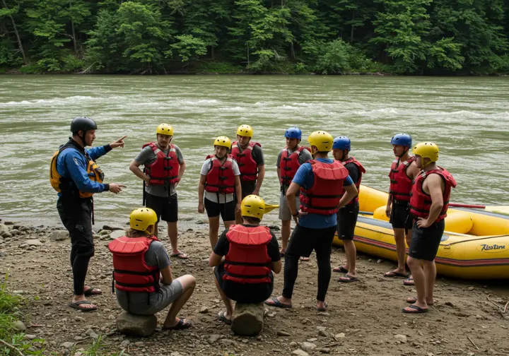 Rafters receiving a safety briefing before embarking on their Grand Junction adventure.