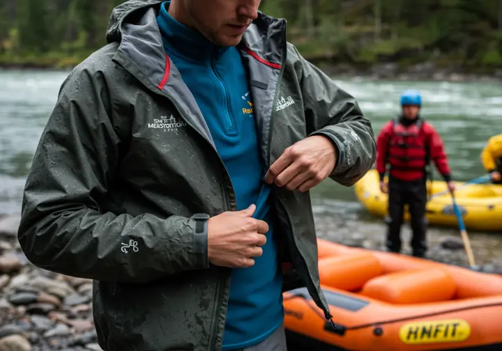 Rafter adjusting layers of clothing, demonstrating the importance of adapting to changing weather conditions.