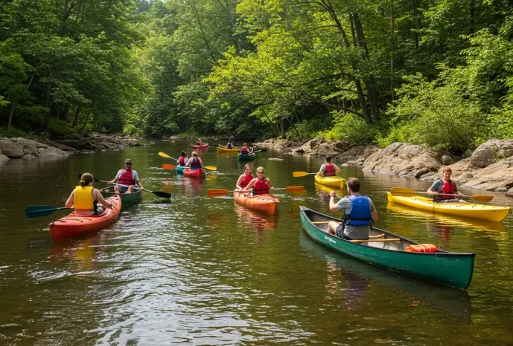 Diverse group kayaking and canoeing on a calm, clear river, representing 2025's best float trip services.