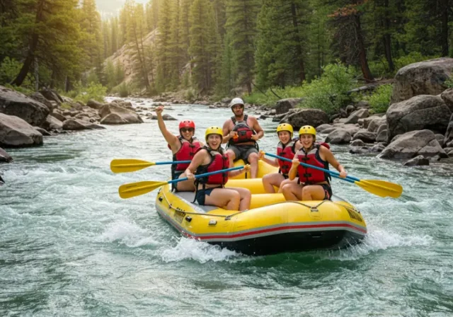 People white-water rafting in Pagosa Springs on a sunny day, capturing the thrill of the adventure.