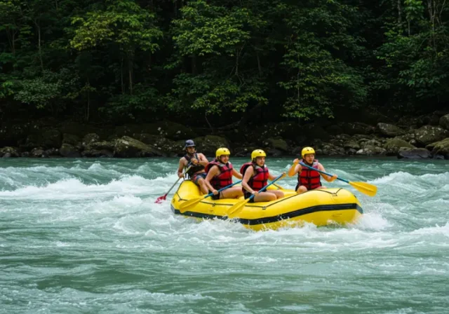 People white water rafting on the Savegre River in Costa Rica, showcasing adventure and nature.