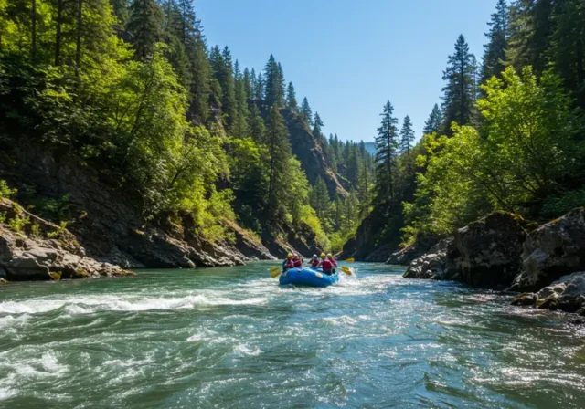 Adult rafters navigating a whitewater rapid on the scenic White Salmon River during a sunny day.