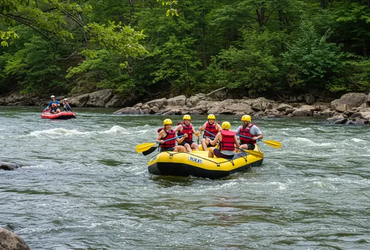 Group of people white water rafting in Connecticut, showcasing adventure and excitement.