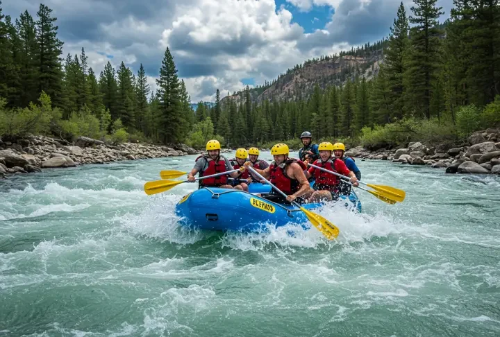 Thrilling white water rafting adventure in Bend, Oregon, with rafters navigating rapids.