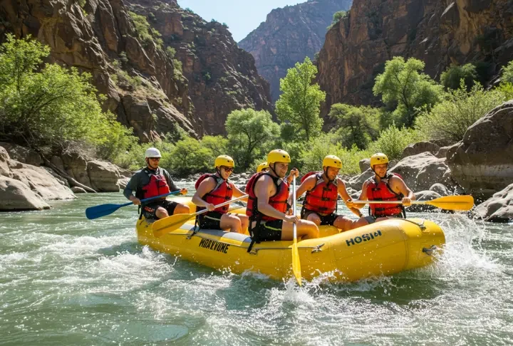 Group white water rafting in Santa Fe, New Mexico, on a sunny day, 2025 guide.