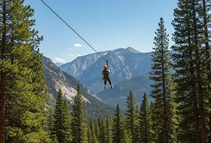 Person ziplining with a view of the Rocky Mountains near Estes Park, Colorado.