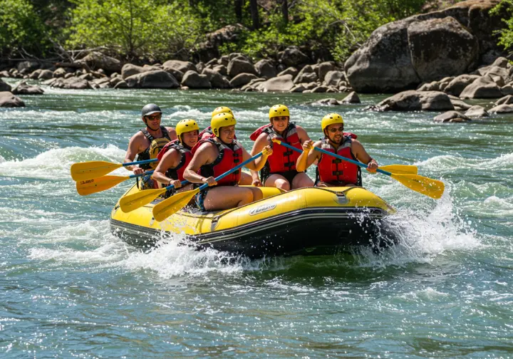 Group of rafters navigating rapids on the American River in Coloma, with helmets and life vests.