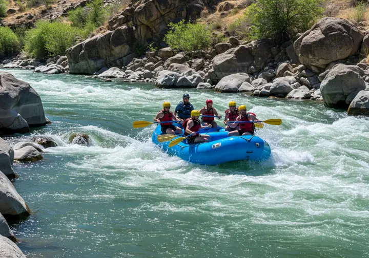 Whitewater rafting adventure on the Kern River, showcasing rafters navigating rapids.