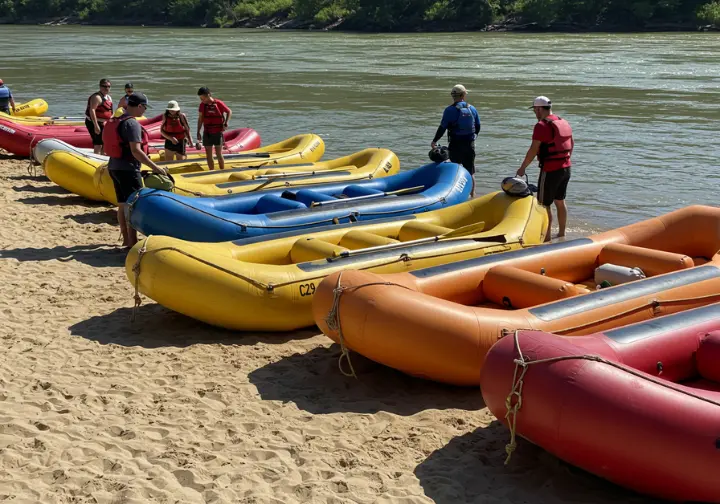 Rafts and guides preparing for a white water rafting trip on the American River, showcasing several outfitters.