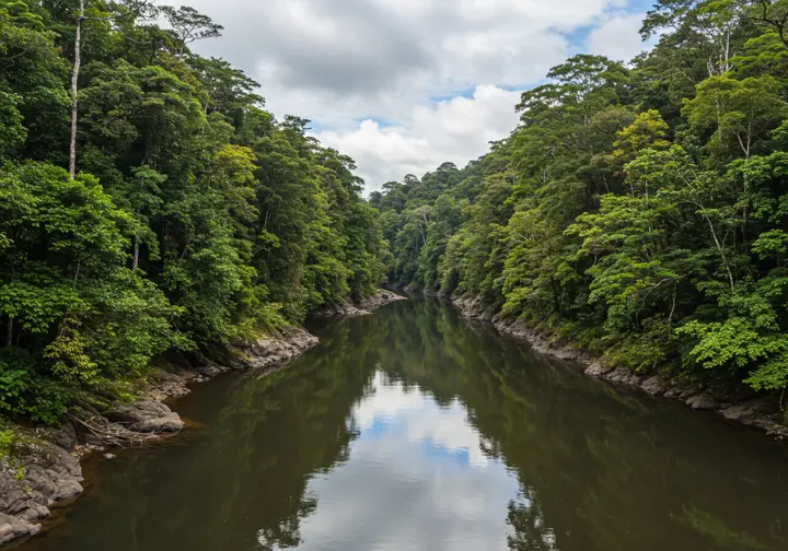 Scenic view of the Savegre River surrounded by lush rainforest, highlighting its natural beauty.