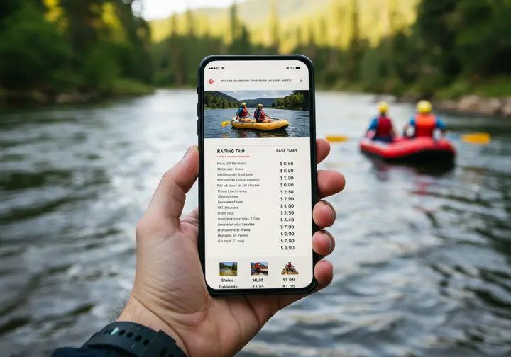 Close-up of a smartphone displaying rafting trip prices and deals on the American River.