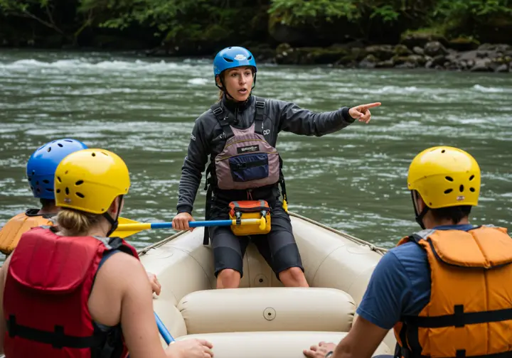 Rafting guide instructing participants on Savegre River white water rafting techniques.