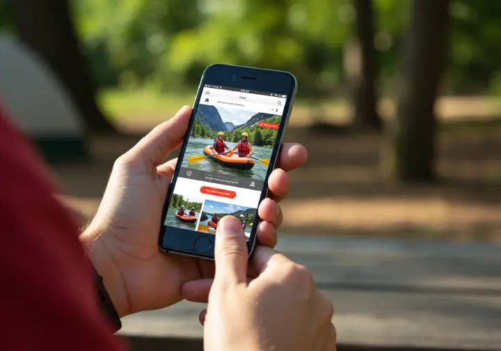 Person using a smartphone to plan a rafting trip online, showcasing booking process.
